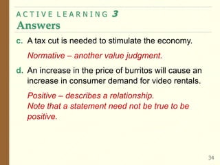 A C T I V E L E A R N I N G 3
Answers
34
c. A tax cut is needed to stimulate the economy.
Normative – another value judgment.
d. An increase in the price of burritos will cause an
increase in consumer demand for video rentals.
Positive – describes a relationship.
Note that a statement need not be true to be
positive.
 