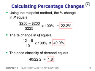 Calculating Percentage Changes Using the midpoint method, the % change  in  P  equals CHAPTER 5   ELASTICITY AND ITS APPLICATION 0 The % change in  Q  equals The price elasticity of demand equals $250 – $200 $225 x 100% =  22.2% 12 – 8 10 x 100% =  40.0% 40/22.2  =  1.8 