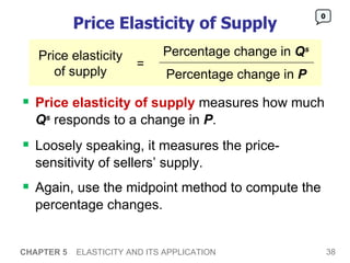 Price Elasticity of Supply Price elasticity of supply  measures how much  Q s  responds to a change in  P . CHAPTER 5   ELASTICITY AND ITS APPLICATION Loosely speaking, it measures the price-sensitivity of sellers’ supply.  Again, use the midpoint method to compute the percentage changes.  0 Price elasticity of supply = Percentage change in  Q s Percentage change in  P 