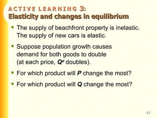A   C   T   I   V   E  L   E   A   R   N   I   N   G  3 :  Elasticity and changes in equilibrium The supply of beachfront property is inelastic.  The supply of new cars is elastic.  Suppose population growth causes  demand for both goods to double  (at each price,  Q d  doubles).  For which product will  P  change the most?  For which product will  Q  change the most? 