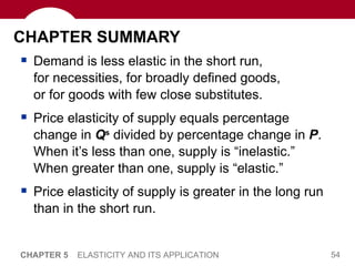 CHAPTER SUMMARY Demand is less elastic in the short run,  for necessities, for broadly defined goods,  or for goods with few close substitutes.  Price elasticity of supply equals percentage change in  Q s  divided by percentage change in  P .  When it’s less than one, supply is “inelastic.”  When greater than one, supply is “elastic.”  Price elasticity of supply is greater in the long run than in the short run.  CHAPTER 5   ELASTICITY AND ITS APPLICATION 