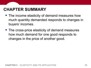 CHAPTER SUMMARY The income elasticity of demand measures how much quantity demanded responds to changes in buyers’ incomes.  The cross-price elasticity of demand measures how much demand for one good responds to changes in the price of another good.  CHAPTER 5   ELASTICITY AND ITS APPLICATION 