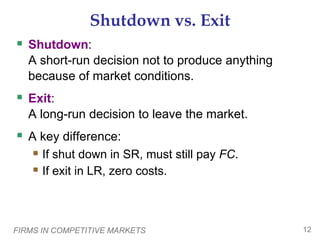 FIRMS IN COMPETITIVE MARKETS 12
Shutdown vs. Exit
 Shutdown:
A short-run decision not to produce anything
because of market conditions.
 Exit:
A long-run decision to leave the market.
 A key difference:
 If shut down in SR, must still pay FC.
 If exit in LR, zero costs.
 