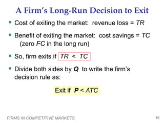 FIRMS IN COMPETITIVE MARKETS 16
A Firm’s Long-Run Decision to Exit
 Cost of exiting the market: revenue loss = TR
 Benefit of exiting the market: cost savings = TC
(zero FC in the long run)
 So, firm exits if TR < TC
 Divide both sides by Q to write the firm’s
decision rule as:
Exit if P < ATC
 