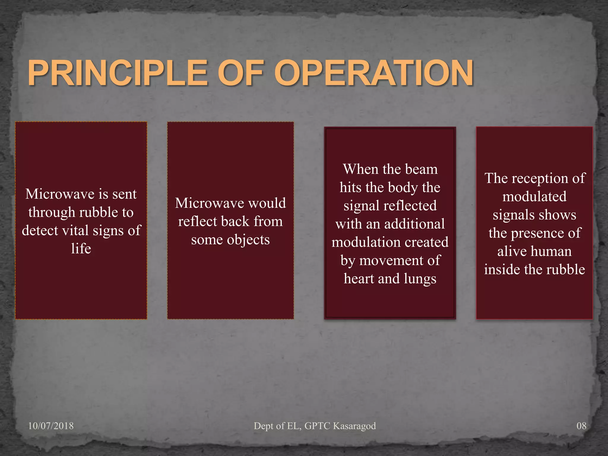 Microwave is sent
through rubble to
detect vital signs of
life
Microwave would
reflect back from
some objects
When the beam
hits the body the
signal reflected
with an additional
modulation created
by movement of
heart and lungs
The reception of
modulated
signals shows
the presence of
alive human
inside the rubble
10/07/2018 Dept of EL, GPTC Kasaragod 08
 