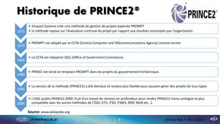 Historique de PRINCE2®
5 ESI (ex INI) / Mai 2014
Source: www.wikipedia.org
1975
• Simpact Systems crée une méthode de gestion de projets baptisée PROMPT.
• la méthode repose sur l'évaluation continue du projet par rapport aux résultats escomptés par l'organisation.
1979
• PROMPT est adopté par le CCTA (Central Computer and Télécommunications Agency) comme norme
1980
• Le CCTA est rebaptisé OGC (Office of Government Commerce)
1989
• PRINCE est lancé et remplace PROMPT dans les projets du gouvernement britannique.
1996
• La version de la méthode (PRINCE2) a été étendue et rendue plus flexible pour pouvoir gérer des projets de tous types
2009
• L'OGC publie PRINCE2:2009, fruit d'un travail de révision en profondeur pour rendre PRINCE2 moins ambigüe et plus
compatible avec les autres méthodes de l‘OGC (ITIL, P3O, P3M3, MSP, MoR etc…).
 