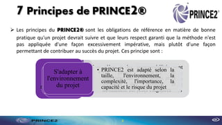 7 Principes de PRINCE2®
• Un projet PRINCE2 compte sur
une justification business
continue.
Justification
business
continue
• Les équipes du projet PRINCE2
tirent des leçons de l'expérience
passée
Tirer des leçons
de l'expérience
• Les rôles et les responsabilités sont
définis et convenus, avec une structure
organisationnelle qui implique les
intérêts du business, de l'utilisateur et du
fournisseur en tant que parties prenantes
Définir les
rôles et les
responsabilités
• Un projet PRINCE2 est planifié,
surveillé et contrôlé étape par
étape
Gérer par étapes
• Dans un projet PRINCE2, des
tolérances ont été définies pour
chaque objectif du projet afin de
délimiter l'autorité déléguée
Gérer par
exception
• Un projet PRINCE2 se
concentre sur la définition et la
livraison des produits et
notamment sur leurs exigences
Accent mis sur
les produits
• PRINCE2 est adapté selon la
taille, l'environnement, la
complexité, l'importance, la
capacité et le risque du projet
S'adapter à
l'environnement
du projet
 Les principes du PRINCE2® sont les obligations de référence en matière de bonne
pratique qu'un projet devrait suivre et que leurs respect garanti que la méthode n'est
pas appliquée d'une façon excessivement impérative, mais plutôt d'une façon
permettant de contribuer au succès du projet. Ces principe sont :
6
 