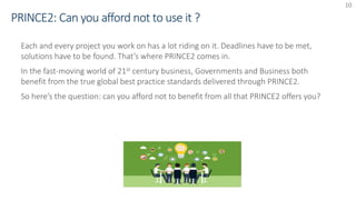 10
Each and every project you work on has a lot riding on it. Deadlines have to be met,
solutions have to be found. That’s where PRINCE2 comes in.
In the fast-moving world of 21st century business, Governments and Business both
benefit from the true global best practice standards delivered through PRINCE2.
So here’s the question: can you afford not to benefit from all that PRINCE2 offers you?
 