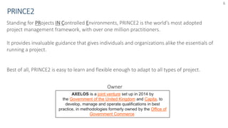 6
Standing for PRojects IN Controlled Environments, PRINCE2 is the world’s most adopted
project management framework, with over one million practitioners.
It provides invaluable guidance that gives individuals and organizations alike the essentials of
running a project.
Best of all, PRINCE2 is easy to learn and flexible enough to adapt to all types of project.
AXELOS is a joint venture set up in 2014 by
the Government of the United Kingdom and Capita, to
develop, manage and operate qualifications in best
practice, in methodologies formerly owned by the Office of
Government Commerce
 