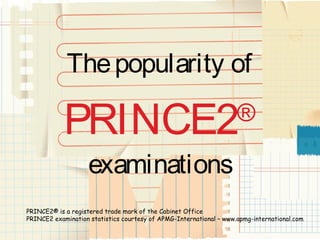 The popularity of

            PRINCE2                                                 ®

                    examinations
PRINCE2® is a registered trade mark of the Cabinet Office
PRINCE2 examination statistics courtesy of APMG-International – www.apmg-international.com
 