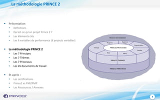 8
La méthodologie PRINCE 2
 Présentation
• Définitions
• Qu’est-ce qu’un projet Prince 2 ?
• Les éléments clés
• Les 6 variables de performance (6 projects variables)
 La méthodologie PRINCE 2
• Les 7 Principes
• Les 7 Thèmes
• Les 7 Processus
• Les 26 documents de travail
 Et après :
• Les certifications
• Prince2 vs PMI/PMP
• Les Ressources / Annexes
 