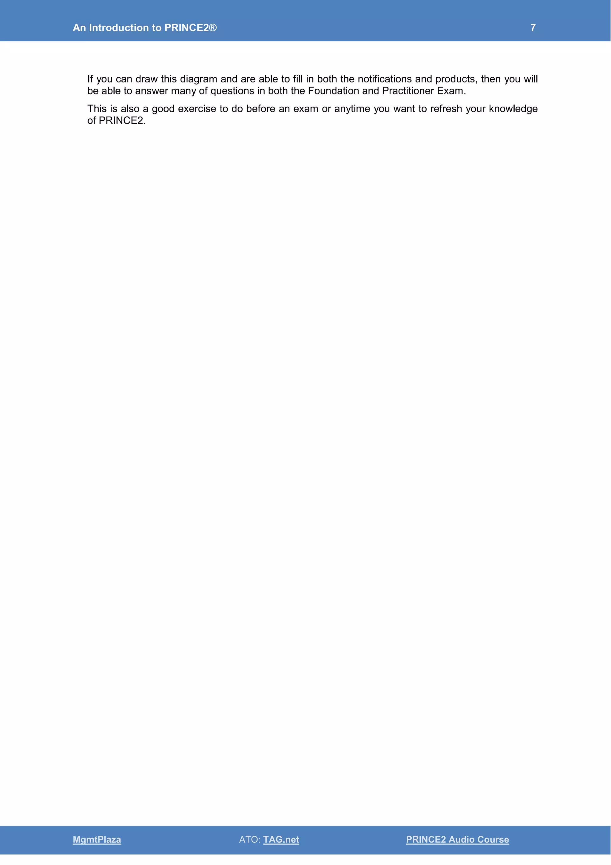 An Introduction to PRINCE2® 7
MgmtPlaza ATO: TAG.net PRINCE2 Audio Course
If you can draw this diagram and are able to fill in both the notifications and products, then you will
be able to answer many of questions in both the Foundation and Practitioner Exam.
This is also a good exercise to do before an exam or anytime you want to refresh your knowledge
of PRINCE2.
 