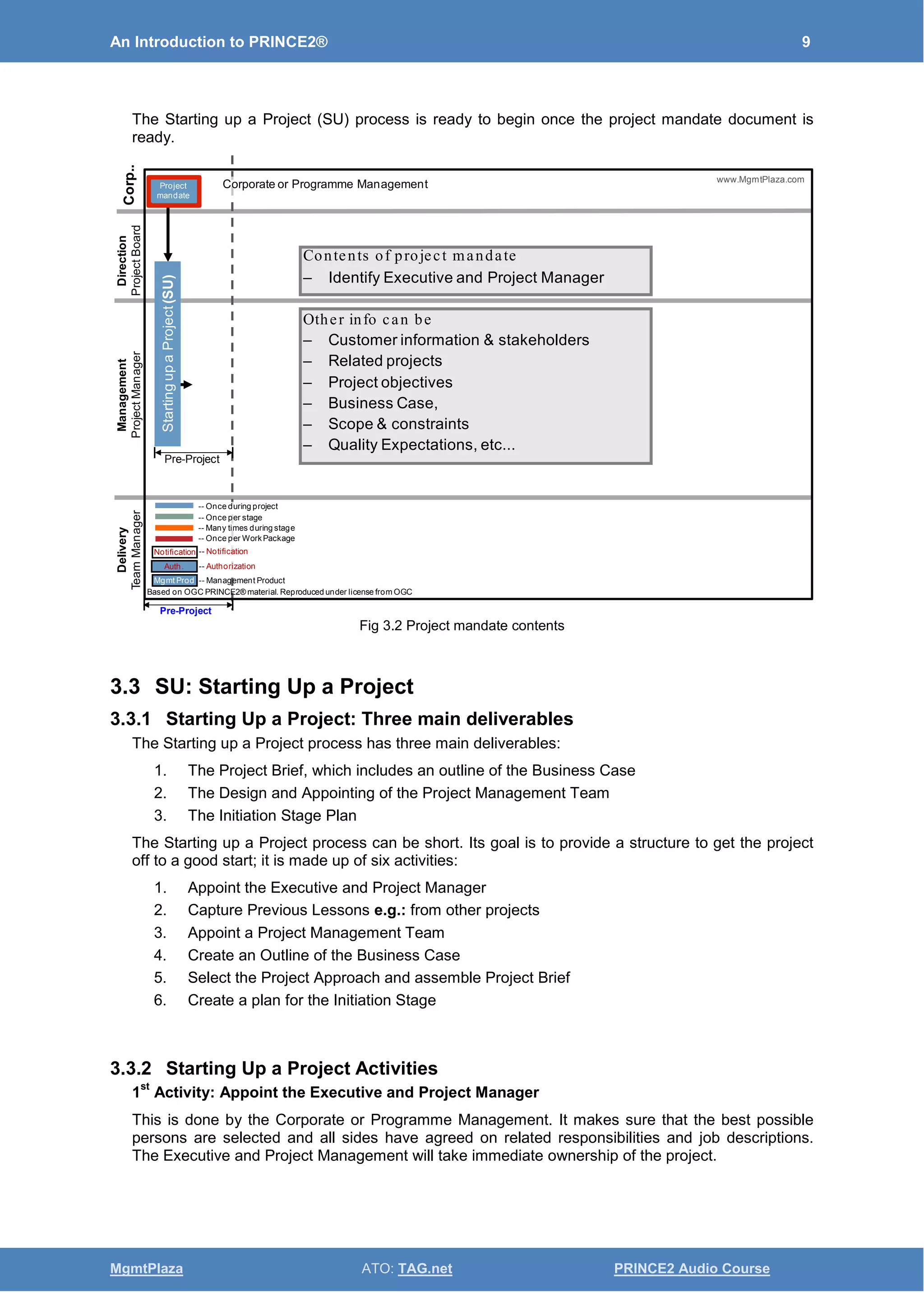 An Introduction to PRINCE2® 9
MgmtPlaza ATO: TAG.net PRINCE2 Audio Course
The Starting up a Project (SU) process is ready to begin once the project mandate document is
ready.
Fig 3.2 Project mandate contents
3.3 SU: Starting Up a Project
3.3.1 Starting Up a Project: Three main deliverables
The Starting up a Project process has three main deliverables:
1. The Project Brief, which includes an outline of the Business Case
2. The Design and Appointing of the Project Management Team
3. The Initiation Stage Plan
The Starting up a Project process can be short. Its goal is to provide a structure to get the project
off to a good start; it is made up of six activities:
1. Appoint the Executive and Project Manager
2. Capture Previous Lessons e.g.: from other projects
3. Appoint a Project Management Team
4. Create an Outline of the Business Case
5. Select the Project Approach and assemble Project Brief
6. Create a plan for the Initiation Stage
3.3.2 Starting Up a Project Activities
1
st
Activity: Appoint the Executive and Project Manager
This is done by the Corporate or Programme Management. It makes sure that the best possible
persons are selected and all sides have agreed on related responsibilities and job descriptions.
The Executive and Project Management will take immediate ownership of the project.
Contents of project mandate
– Identify Executive and Project Manager
Other info can be
– Customer information & stakeholders
– Related projects
– Project objectives
– Business Case,
– Scope & constraints
– Quality Expectations, etc...
Delivery
TeamManager
Management
ProjectManager
Direction
ProjectBoard
Corporate or Programme Management
Corp..
Based on OGC PRINCE2® material. Reproduced under license from OGC
StartingupaProject(SU)
Pre-Project
Pre-Project
www.MgmtPlaza.com
Project
mandate
-- Once during project
-- Once per stage
-- Many times during stage
-- Once per WorkPackage
-- Notification
-- Authorization
-- Management Product
Notification
Mgmt Prod
Auth.
 