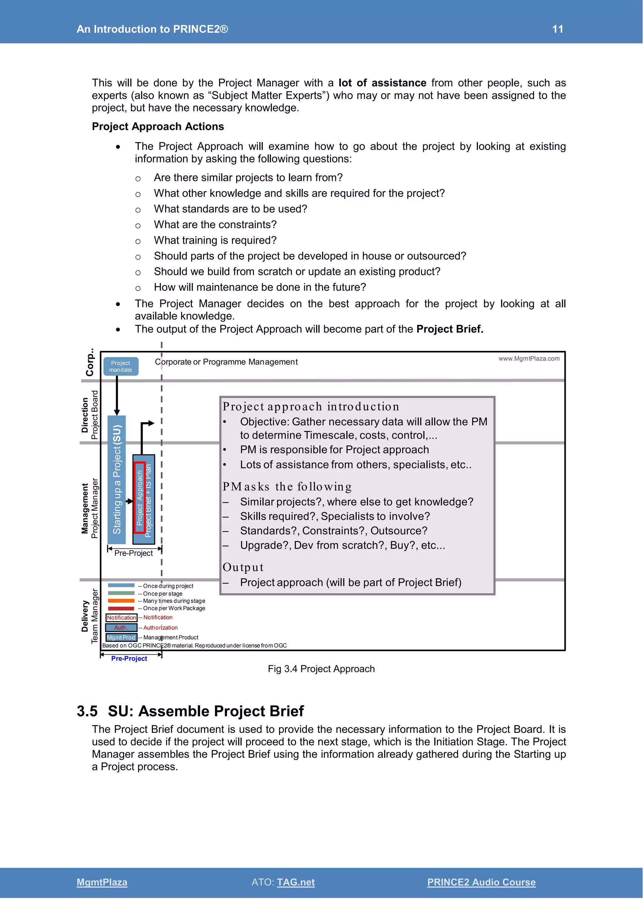 An Introduction to PRINCE2® 11
MgmtPlaza ATO: TAG.net PRINCE2 Audio Course
This will be done by the Project Manager with a lot of assistance from other people, such as
experts (also known as “Subject Matter Experts”) who may or may not have been assigned to the
project, but have the necessary knowledge.
Project Approach Actions
• The Project Approach will examine how to go about the project by looking at existing
information by asking the following questions:
o Are there similar projects to learn from?
o What other knowledge and skills are required for the project?
o What standards are to be used?
o What are the constraints?
o What training is required?
o Should parts of the project be developed in house or outsourced?
o Should we build from scratch or update an existing product?
o How will maintenance be done in the future?
• The Project Manager decides on the best approach for the project by looking at all
available knowledge.
• The output of the Project Approach will become part of the Project Brief.
Fig 3.4 Project Approach
3.5 SU: Assemble Project Brief
The Project Brief document is used to provide the necessary information to the Project Board. It is
used to decide if the project will proceed to the next stage, which is the Initiation Stage. The Project
Manager assembles the Project Brief using the information already gathered during the Starting up
a Project process.
Delivery
TeamManager
Management
ProjectManager
Direction
ProjectBoard
Corp..
Based on OGC PRINCE2® material. Reproduced under license from OGC
StartingupaProject(SU)
ProjectApproach
ProjectBrief+ISPlan
Pre-Project
www.MgmtPlaza.com
Corporate or Programme ManagementProject
mandate
-- Once during project
-- Once per stage
-- Many times during stage
-- Once per WorkPackage
-- Notification
-- Authorization
-- Management Product
Notification
Mgmt Prod
Auth.
Pre-Project
Project approach introduction
• Objective: Gather necessary data will allow the PM
to determine Timescale, costs, control,...
• PM is responsible for Project approach
• Lots of assistance from others, specialists, etc..
PM as ks the following
– Similar projects?, where else to get knowledge?
– Skills required?, Specialists to involve?
– Standards?, Constraints?, Outsource?
– Upgrade?, Dev from scratch?, Buy?, etc...
Output
– Project approach (will be part of Project Brief)
 