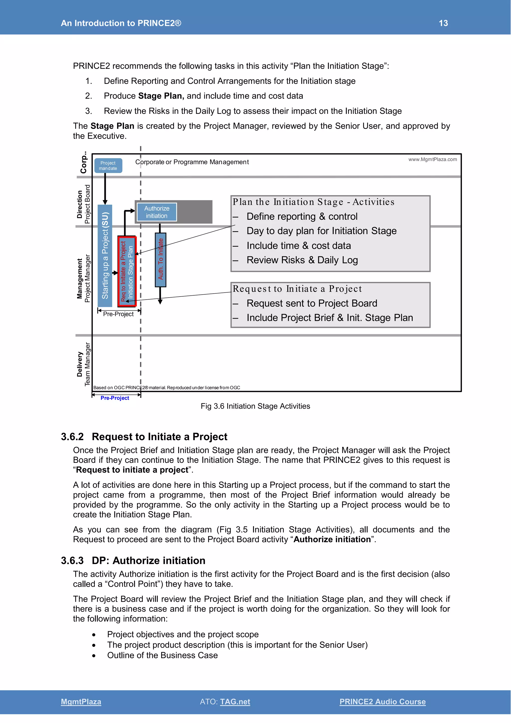 An Introduction to PRINCE2® 13
MgmtPlaza ATO: TAG.net PRINCE2 Audio Course
PRINCE2 recommends the following tasks in this activity “Plan the Initiation Stage”:
1. Define Reporting and Control Arrangements for the Initiation stage
2. Produce Stage Plan, and include time and cost data
3. Review the Risks in the Daily Log to assess their impact on the Initiation Stage
The Stage Plan is created by the Project Manager, reviewed by the Senior User, and approved by
the Executive.
Fig 3.6 Initiation Stage Activities
3.6.2 Request to Initiate a Project
Once the Project Brief and Initiation Stage plan are ready, the Project Manager will ask the Project
Board if they can continue to the Initiation Stage. The name that PRINCE2 gives to this request is
“Request to initiate a project”.
A lot of activities are done here in this Starting up a Project process, but if the command to start the
project came from a programme, then most of the Project Brief information would already be
provided by the programme. So the only activity in the Starting up a Project process would be to
create the Initiation Stage Plan.
As you can see from the diagram (Fig 3.5 Initiation Stage Activities), all documents and the
Request to proceed are sent to the Project Board activity “Authorize initiation”.
3.6.3 DP: Authorize initiation
The activity Authorize initiation is the first activity for the Project Board and is the first decision (also
called a “Control Point”) they have to take.
The Project Board will review the Project Brief and the Initiation Stage plan, and they will check if
there is a business case and if the project is worth doing for the organization. So they will look for
the following information:
• Project objectives and the project scope
• The project product description (this is important for the Senior User)
• Outline of the Business Case
Auth.ToInitiate
Plan the Initiation Stage - Activities
– Define reporting & control
– Day to day plan for Initiation Stage
– Include time & cost data
– Review Risks & Daily Log
Reques t to Initiate a Project
– Request sent to Project Board
– Include Project Brief & Init. Stage Plan
Delivery
TeamManager
Management
ProjectManager
Direction
ProjectBoard
Corp..
Based on OGC PRINCE2® material. Reproduced under license from OGC
StartingupaProject(SU)
ReqtoInitiateaProject
InitiationStagePlan
Pre-Project
www.MgmtPlaza.com
Authorize
initiation
Corporate or Programme ManagementProject
mandate
Pre-Project
 