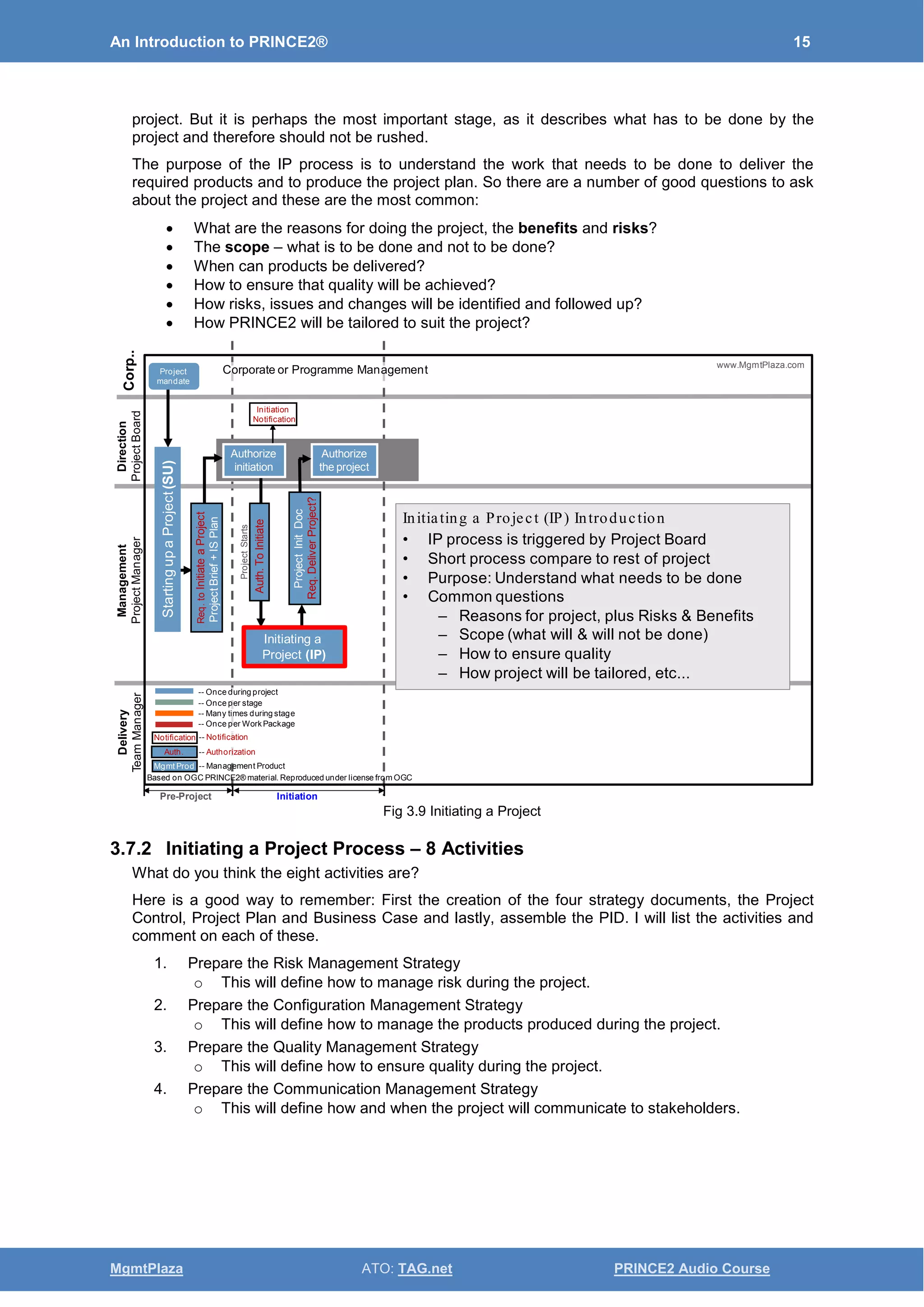 An Introduction to PRINCE2® 15
MgmtPlaza ATO: TAG.net PRINCE2 Audio Course
project. But it is perhaps the most important stage, as it describes what has to be done by the
project and therefore should not be rushed.
The purpose of the IP process is to understand the work that needs to be done to deliver the
required products and to produce the project plan. So there are a number of good questions to ask
about the project and these are the most common:
• What are the reasons for doing the project, the benefits and risks?
• The scope – what is to be done and not to be done?
• When can products be delivered?
• How to ensure that quality will be achieved?
• How risks, issues and changes will be identified and followed up?
• How PRINCE2 will be tailored to suit the project?
Fig 3.9 Initiating a Project
3.7.2 Initiating a Project Process – 8 Activities
What do you think the eight activities are?
Here is a good way to remember: First the creation of the four strategy documents, the Project
Control, Project Plan and Business Case and lastly, assemble the PID. I will list the activities and
comment on each of these.
1. Prepare the Risk Management Strategy
o This will define how to manage risk during the project.
2. Prepare the Configuration Management Strategy
o This will define how to manage the products produced during the project.
3. Prepare the Quality Management Strategy
o This will define how to ensure quality during the project.
4. Prepare the Communication Management Strategy
o This will define how and when the project will communicate to stakeholders.
Delivery
TeamManager
Management
ProjectManager
Direction
ProjectBoard
Corp..
Based on OGC PRINCE2® material. Reproduced under license from OGC
Auth.ToInitiate
Initiation
Notification
Authorize
initiation
Authorize
the project
Initiating a
Project (IP)
StartingupaProject(SU)
Req.toInitiateaProject
ProjectBrief+ISPlan
ProjectInitDoc
Req.DeliverProject?
Pre-Project Initiation
Project
mandate
Corporate or Programme Management
ProjectStarts
-- Once during project
-- Once per stage
-- Many times during stage
-- Once per WorkPackage
-- Notification
-- Authorization
-- Management Product
Notification
Mgmt Prod
Auth.
Initiating a Project (IP) Introduction
• IP process is triggered by Project Board
• Short process compare to rest of project
• Purpose: Understand what needs to be done
• Common questions
– Reasons for project, plus Risks & Benefits
– Scope (what will & will not be done)
– How to ensure quality
– How project will be tailored, etc...
www.MgmtPlaza.com
 