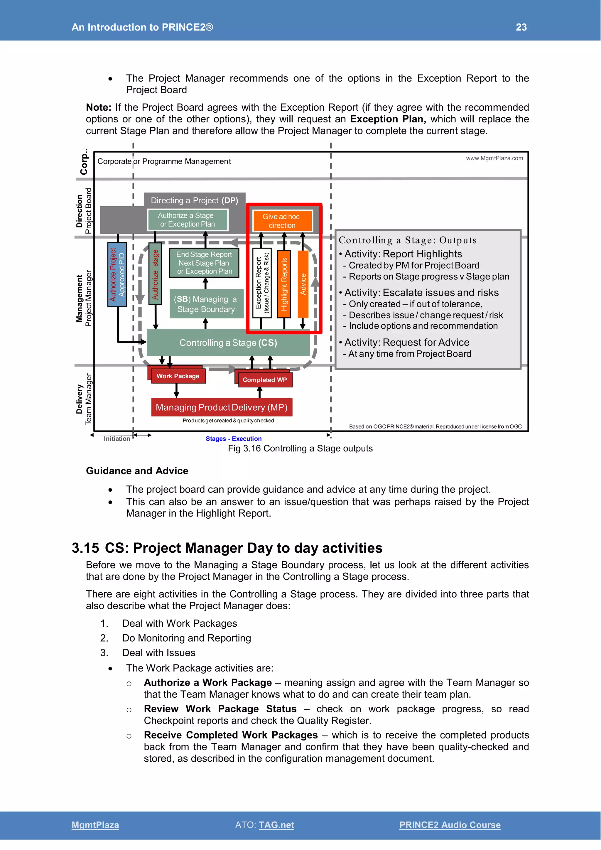 An Introduction to PRINCE2® 23
MgmtPlaza ATO: TAG.net PRINCE2 Audio Course
• The Project Manager recommends one of the options in the Exception Report to the
Project Board
Note: If the Project Board agrees with the Exception Report (if they agree with the recommended
options or one of the other options), they will request an Exception Plan, which will replace the
current Stage Plan and therefore allow the Project Manager to complete the current stage.
Fig 3.16 Controlling a Stage outputs
Guidance and Advice
• The project board can provide guidance and advice at any time during the project.
• This can also be an answer to an issue/question that was perhaps raised by the Project
Manager in the Highlight Report.
3.15 CS: Project Manager Day to day activities
Before we move to the Managing a Stage Boundary process, let us look at the different activities
that are done by the Project Manager in the Controlling a Stage process.
There are eight activities in the Controlling a Stage process. They are divided into three parts that
also describe what the Project Manager does:
1. Deal with Work Packages
2. Do Monitoring and Reporting
3. Deal with Issues
• The Work Package activities are:
o Authorize a Work Package – meaning assign and agree with the Team Manager so
that the Team Manager knows what to do and can create their team plan.
o Review Work Package Status – check on work package progress, so read
Checkpoint reports and check the Quality Register.
o Receive Completed Work Packages – which is to receive the completed products
back from the Team Manager and confirm that they have been quality-checked and
stored, as described in the configuration management document.
Delivery
TeamManager
Management
ProjectManager
Direction
ProjectBoard
Corp..
Based on OGC PRINCE2® material. Reproduced under license from OGC
www.MgmtPlaza.com
Management
ProjectManager
Direction
ProjectBoard
Corp..
AuthorizeProject
ApprovedPID
Authorizestage
End Stage Report
Next Stage Plan
or Exception Plan
(SB) Managing a
Stage Boundary
ExceptionReport
(Issue/Change&Risk)
HighlightReports
Advice
Authorize a Stage
or Exception Plan
Give ad hoc
direction
Work Package
Work Package Work Package
Completed WP
Managing ProductDelivery (MP)
Controlling a Stage (CS)
Directing a Project (DP)
Initiation Stages - Execution
Corporate or Programme Management
Productsget created & qualitychecked
Controlling a Stage: Outputs
• Activity: Report Highlights
- Created by PM for ProjectBoard
- Reports on Stage progress v Stage plan
• Activity: Escalate issues and risks
- Only created – if out of tolerance,
- Describes issue/ change request/risk
- Include options and recommendation
• Activity: Request for Advice
- At any time from ProjectBoard
 