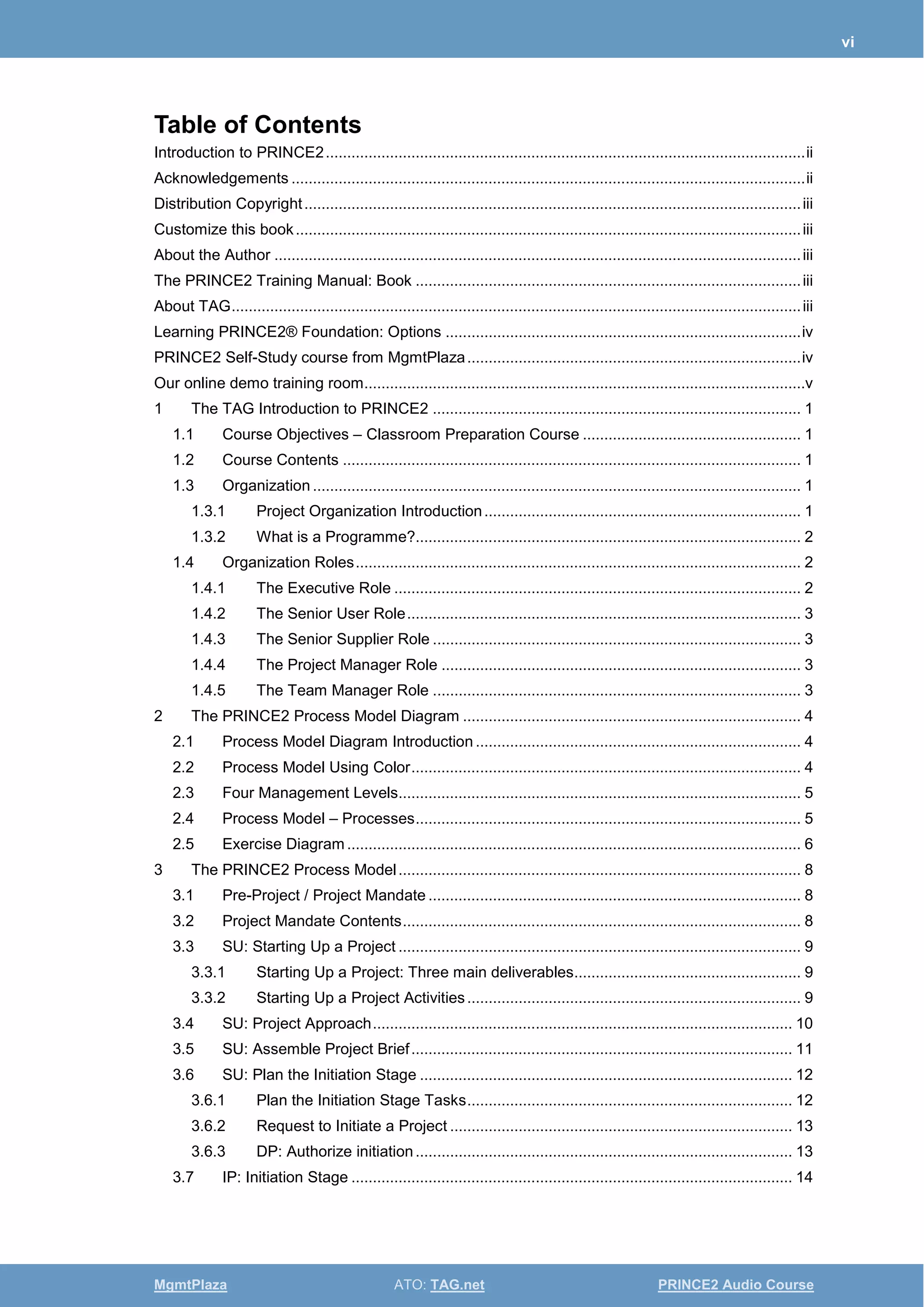vi
MgmtPlaza ATO: TAG.net PRINCE2 Audio Course
Table of Contents
Introduction to PRINCE2................................................................................................................ii
Acknowledgements ........................................................................................................................ii
Distribution Copyright....................................................................................................................iii
Customize this book......................................................................................................................iii
About the Author ...........................................................................................................................iii
The PRINCE2 Training Manual: Book ..........................................................................................iii
About TAG.....................................................................................................................................iii
Learning PRINCE2® Foundation: Options ...................................................................................iv
PRINCE2 Self-Study course from MgmtPlaza..............................................................................iv
Our online demo training room.......................................................................................................v
1 The TAG Introduction to PRINCE2 ...................................................................................... 1
1.1 Course Objectives – Classroom Preparation Course ................................................... 1
1.2 Course Contents ........................................................................................................... 1
1.3 Organization .................................................................................................................. 1
1.3.1 Project Organization Introduction.......................................................................... 1
1.3.2 What is a Programme?.......................................................................................... 2
1.4 Organization Roles........................................................................................................ 2
1.4.1 The Executive Role ............................................................................................... 2
1.4.2 The Senior User Role............................................................................................ 3
1.4.3 The Senior Supplier Role ...................................................................................... 3
1.4.4 The Project Manager Role .................................................................................... 3
1.4.5 The Team Manager Role ...................................................................................... 3
2 The PRINCE2 Process Model Diagram ............................................................................... 4
2.1 Process Model Diagram Introduction............................................................................ 4
2.2 Process Model Using Color........................................................................................... 4
2.3 Four Management Levels.............................................................................................. 5
2.4 Process Model – Processes.......................................................................................... 5
2.5 Exercise Diagram .......................................................................................................... 6
3 The PRINCE2 Process Model.............................................................................................. 8
3.1 Pre-Project / Project Mandate ....................................................................................... 8
3.2 Project Mandate Contents............................................................................................. 8
3.3 SU: Starting Up a Project .............................................................................................. 9
3.3.1 Starting Up a Project: Three main deliverables..................................................... 9
3.3.2 Starting Up a Project Activities.............................................................................. 9
3.4 SU: Project Approach.................................................................................................. 10
3.5 SU: Assemble Project Brief......................................................................................... 11
3.6 SU: Plan the Initiation Stage ....................................................................................... 12
3.6.1 Plan the Initiation Stage Tasks............................................................................ 12
3.6.2 Request to Initiate a Project ................................................................................ 13
3.6.3 DP: Authorize initiation........................................................................................ 13
3.7 IP: Initiation Stage ....................................................................................................... 14
 