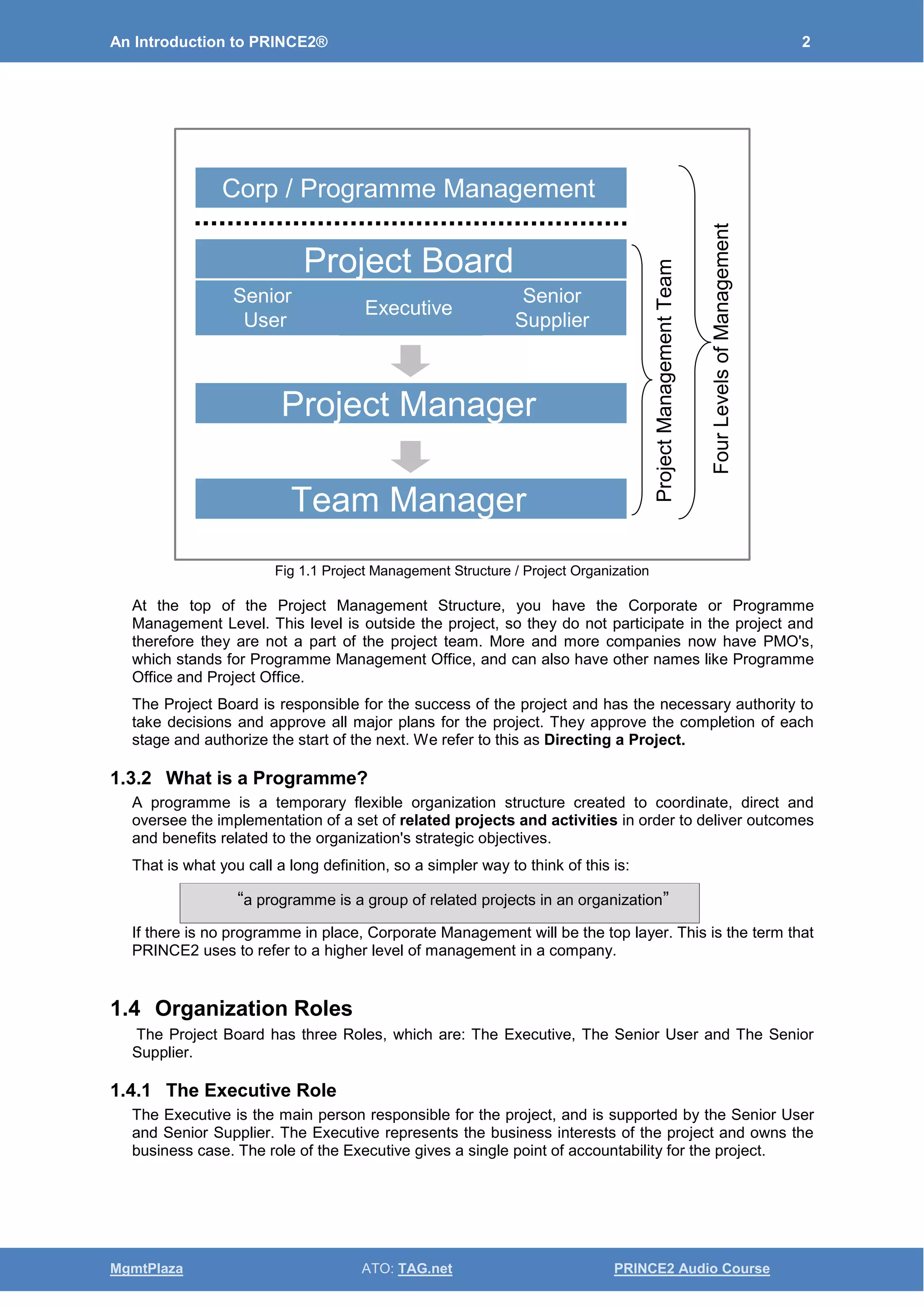 An Introduction to PRINCE2® 2
MgmtPlaza ATO: TAG.net PRINCE2 Audio Course
Fig 1.1 Project Management Structure / Project Organization
At the top of the Project Management Structure, you have the Corporate or Programme
Management Level. This level is outside the project, so they do not participate in the project and
therefore they are not a part of the project team. More and more companies now have PMO's,
which stands for Programme Management Office, and can also have other names like Programme
Office and Project Office.
The Project Board is responsible for the success of the project and has the necessary authority to
take decisions and approve all major plans for the project. They approve the completion of each
stage and authorize the start of the next. We refer to this as Directing a Project.
1.3.2 What is a Programme?
A programme is a temporary flexible organization structure created to coordinate, direct and
oversee the implementation of a set of related projects and activities in order to deliver outcomes
and benefits related to the organization's strategic objectives.
That is what you call a long definition, so a simpler way to think of this is:
“a programme is a group of related projects in an organization”
If there is no programme in place, Corporate Management will be the top layer. This is the term that
PRINCE2 uses to refer to a higher level of management in a company.
1.4 Organization Roles
The Project Board has three Roles, which are: The Executive, The Senior User and The Senior
Supplier.
1.4.1 The Executive Role
The Executive is the main person responsible for the project, and is supported by the Senior User
and Senior Supplier. The Executive represents the business interests of the project and owns the
business case. The role of the Executive gives a single point of accountability for the project.
Project BoardProject Board
Senior
User
Senior
User
ExecutiveExecutive
Senior
Supplier
Senior
Supplier
Project ManagerProject Manager
Team ManagerTeam Manager
Corp / Programme ManagementCorp / Programme Management
ProjectManagementTeam
FourLevelsofManagement
 