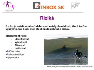 Riziká
Riziko je neistá udalosť alebo sled neistých udalostí, ktoré keď sa
vyskytnú, tak budú mať efekt na dosiahnutie cieľov.

Manažment rizík:
     -   identifikovať
     -   vyhodnotiť
     -   Plánovať
     -   realizovať
Príčina rizika
Riziková udalosť
Vplyv rizika




                                  PRINCE2® je ochranná známka Cabinet Office a APM Group Ltd.
 