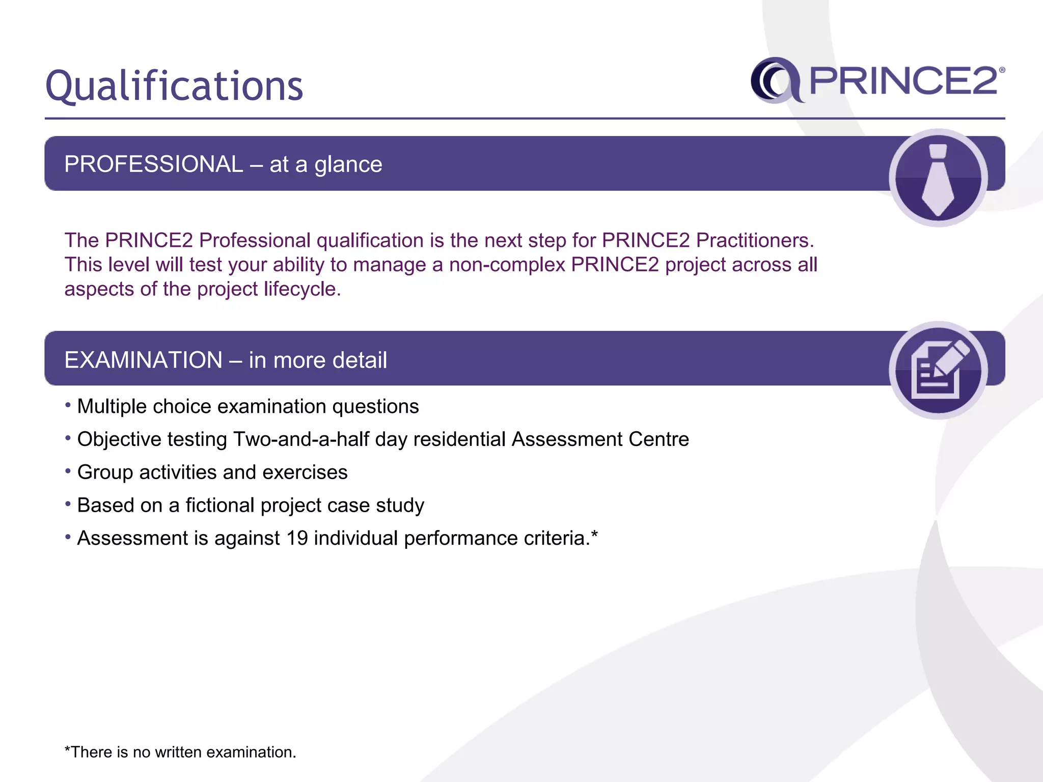Qualifications
PROFESSIONAL – at a glance
The PRINCE2 Professional qualification is the next step for PRINCE2 Practitioners.
This level will test your ability to manage a non-complex PRINCE2 project across all
aspects of the project lifecycle.
EXAMINATION – in more detail
• Multiple choice examination questions
• Objective testing Two-and-a-half day residential Assessment Centre
• Group activities and exercises
• Based on a fictional project case study
• Assessment is against 19 individual performance criteria.*
*There is no written examination.
 