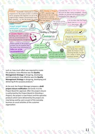 such as: how much effort was required to create
the products; how effective was the Quality
Management Strategy in designing, developing
and the products; how effective was the Quality
Management Strategy in designing, developing and
delivering fit-for-purpose products.”
At the end, the Project Manager prepares a draft
project closure notification and sends it to the
Project Board for approval. After the project closure
is authorized by the Project Board (in Directing a
Project), the project is now history and the specialist
products which were delivered by the project are
now being used by users as part of the everyday
business as usual activities of the customer
organization.
11
 