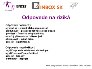 Odpovede na riziká
Odpovede na hrozby
-vyhnúť  sa – zmeniť alebo preplánovať
-zredukovať – pravdepodobnosť alebo dopad
-preniesť – finančnú zodpovednosť
-záložný plán – ak sa riziko objaví
-akceptovať – prijať riziko
-zdieľať – s partnerom


Odpovede na príležitosti
-zvýšiť – pravdepodobnosť alebo dopad
-využiť – chopiť sa príležitosti
-zdieľať – bonusy
-odmietnuť - neprijať



                                  PRINCE2® je ochranná známka Cabinet Office a APM Group Ltd.
 