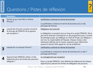 Questions / Pistes de réflexion 
Prince2 - Les 7 thèmes - Copyright Joseph SZCZYGIEL 
18 
? 
Questions 
1 
Qu'est-ce qui n'est PAS un thème Prince2 ? 
Justification continue en terme de business 
La justification continue en terme de business est un des principes de Prince2. 
2 
Lequel des énoncés suivants concerne le principe de PRINCE2 de la gestion par exception ? 
Délégation de l'autorité 
La délégation se produit tout au long d'un projet PRINCE2. De la part de la direction d'entreprise ou de programme pour l comité de pilotage projet, qui délègue au Chef de Projet, qui délègue à son tour au responsable de l'équipe. Chaque niveau a des tolérances définies par le niveau supérieur pour déterminer quand ils doivent faire appel en cas de problèmes. 
3 
Lequel est un principe Prince2 ? 
Justification continue en terme de business 
La justification continue en terme de business est un des 7 principes de Prince2 
4 
Quel principe PRINCE2 utilise-t-il des tolérances pour les limites des pouvoirs délégués ? 
Le management par exception 
Dans un projet PRINCE2, sont définies les tolérances de chaque objectif pour préciser les limites de délégation de pouvoirs. 
Introduction  