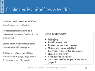Confirmer les bénéfices attendus 
L’utilisateur senior décrit les bénéfices attendus dans les spécifications 
Il en est responsable auprès de la direction de l’entreprise (ou direction de programme) 
Le plan de revue des bénéfices sert à mesurer les bénéfices du projet. 
Créé par le chef de projet à l’étape d’initialisation du projet, maj à chaque fin d »tapes et en clôture projet 
Prince2 - Les 7 thèmes - Copyright Joseph SZCZYGIEL 
27 
Revue des bénéfices 
•Périmètre 
•Bénéfices mesurés 
•Références pour les mesures 
•Qui en a la responsabilité ? 
•Comment mesurer les bénéfices ? 
•Quand les mesurer ? 
•Avec quelles ressources ? 
•Comment vérifier les performances du projet ? 
Business Case  