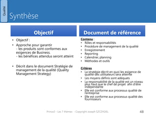 Synthèse 
Objectif 
•Objectif : 
•Approche pour garantir - les produits sont conformes aux exigences de Business. - les bénéfices attendus seront atteint 
•Décrit dans le document Stratégie de management de la qualité (Quality Management Strategy) 
Document de référence 
Contenu : 
•Rôles et responsabilités 
•Procédure de management de la qualité 
•Enregistrement 
•Reporting 
•Calendrier, planning 
•Méthodes et outils 
Critères 
•La stratégie décrit en quoi les exigence de qualité des utilisateurs sera atteinte 
•Les moyens définis sont adéquats 
•La responsabilité de la qualité est un niveau plus haut que le chef de projet afin d’être indépendante 
•Elle est conforme aux processus qualité de l’entreprise 
•Elle est conforme aux processus qualité des fournisseurs 
Prince2 - Les 7 thèmes - Copyright Joseph SZCZYGIEL 
50 
Qualité  