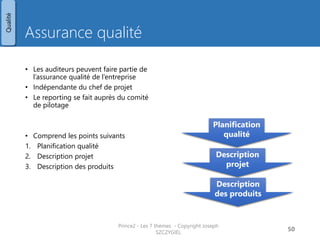 Assurance qualité 
•Les auditeurs peuvent faire partie de l’assurance qualité de l’entreprise 
•Indépendante du chef de projet 
•Le reporting se fait auprès du comité de pilotage 
•Comprend les points suivants 
1.Planification qualité 
2.Description projet 
3.Description des produits 
Prince2 - Les 7 thèmes - Copyright Joseph SZCZYGIEL 
52 
Planification qualité 
Description projet 
Description des produits 
Qualité 
Pour une formation ou toute autre information, merci de m’envoyer un email : 
joseph.szczygiel@gmail.com  