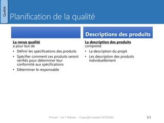 Planification de la qualité 
La revue qualité a pour but de 
•Définir les spécifications des produits 
•Spécifier comment ces produits seront vérifiés pour déterminer leur conformité aux spécifications 
•Déterminer le responsable 
Descriptions des produits 
La description des produits comprend 
•La description du projet 
•Les description des produits individuellement 
Prince2 - Les 7 thèmes - Copyright Joseph SZCZYGIEL 
53 
Qualité 
Pour une formation ou toute autre information, merci de m’envoyer un email : 
joseph.szczygiel@gmail.com  