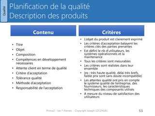Planification de la qualité Description des produits 
Contenu 
•Titre 
•Objet 
•Composition 
•Compétences en développement nécessaires 
•Attente client en terme de qualité 
•Critère d’acceptation 
•Tolérance qualité 
•Méthode d’acceptation 
•Responsabilité de l’acceptation 
Critères 
•L’objet du produit est clairement exprimé 
•Les critères d’acceptation balayent les critères clés des parties prenantes 
•Est défini le nb d’utilisateurs, les systèmes opérationnels et la maintenance 
•Tous les critères sont mesurables 
•Les critères sont réalistes dans leur ensemble 
•(ex : très haute qualité, délai très brefs, faible prix sont sans doute incompatible) 
•Les attentes qualité ont pris en compte le système qualité de l’entreprise, des fournisseurs, les caractéristiques techniques des composants utilisés 
•A mesure du niveau de satisfaction des utilisateurs 
Prince2 - Les 7 thèmes - Copyright Joseph SZCZYGIEL 
55 
Qualité 
Pour une formation ou toute autre information, merci de m’envoyer un email : 
joseph.szczygiel@gmail.com  