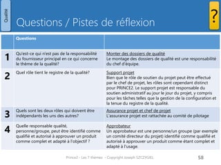 Questions / Pistes de réflexion 
Prince2 - Les 7 thèmes - Copyright Joseph SZCZYGIEL 
60 
Questions 
1 
Qu'est-ce qui n'est pas de la responsabilité du fournisseur principal en ce qui concerne le thème de la qualité? 
Monter des dossiers de qualité 
Le montage des dossiers de qualité est une responsabilité du chef d'équipe. 
2 
Quel rôle tient le registre de la qualité? 
Support projet 
Bien que le rôle de soutien du projet peut être effectué par le chef de projet, les rôles sont cependant distinct pour PRINCE2. Le support projet est responsable du soutien administratif au jour le jour du projet, y compris pour les tâches telles que la gestion de la configuration et la tenue du registre de la qualité. 
3 
Quels sont les deux rôles qui doivent être indépendants les uns des autres? 
Assurance projet et chef de projet 
L'assurance projet est rattachée au comité de pilotage 
4 
Quelle responsable qualité, personne/groupe, peut être identifié comme qualifié et autorisé à approuver un produit comme complet et adapté à l'objectif ? 
Approbateur 
Un approbateur est une personne/un groupe (par exemple un comité directeur du projet) identifié comme qualifié et autorisé à approuver un produit comme étant complet et adapté à l'usage. 
Qualité 
? 
Pour une formation ou toute autre information, merci de m’envoyer un email : 
joseph.szczygiel@gmail.com  