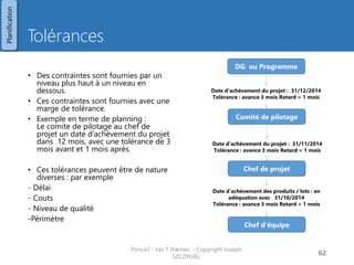 Tolérances 
•Des contraintes sont fournies par un niveau plus haut à un niveau en dessous. 
•Ces contraintes sont fournies avec une marge de tolérance. 
•Exemple en terme de planning : Le comite de pilotage au chef de projet un date d’achèvement du projet dans 12 mois, avec une tolérance de 3 mois avant et 1 mois après. 
•Ces tolérances peuvent être de nature diverses : par exemple 
- Délai 
- Couts 
- Niveau de qualité 
-Périmètre 
Prince2 - Les 7 thèmes - Copyright Joseph SZCZYGIEL 
64 
DG ou Programme 
Comité de pilotage 
Chef de projet 
Chef d’équipe 
Date d’achèvement du projet : 31/12/2014 
Tolérance : avance 3 mois Retard = 1 mois 
Date d’achèvement du projet : 31/11/2014 
Tolérance : avance 3 mois Retard = 1 mois 
Date d’achèvement des produits / lots : en adéquation avec 31/10/2014 
Tolérance : avance 3 mois Retard = 1 mois 
Planification  
