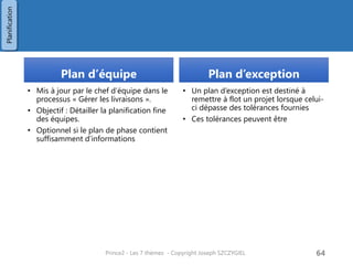 Plan d’équipe 
•Mis à jour par le chef d’équipe dans le processus « Gérer les livraisons ». 
•Objectif : Détailler la planification fine des équipes. 
•Optionnel si le plan de phase contient suffisamment d’informations 
Plan d’exception 
•Un plan d’exception est destiné à remettre à flot un projet lorsque celui- ci dépasse des tolérances fournies 
•Ces tolérances peuvent être 
Prince2 - Les 7 thèmes - Copyright Joseph SZCZYGIEL 
66 
Planification  