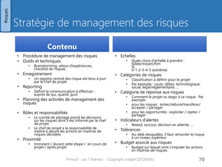 Stratégie de management des risques 
Contenu 
•Procédure de management des risques 
•Outils et techniques 
•Brainstorming, retour d’expériences, checklist de risques 
•Enregistrement 
•Un registre central des risque est tenu à jour par le chef de projet 
•Reporting 
•Définit la communication à effectuer : auprès de qui, quand, quoi 
•Planning des activités de management des risques 
•Rôles et responsabilités 
•Le comité de pilotage prend les décisions sur les risques dont il est informé par le chef de projet 
•Le chef de projet a la responsabilité de mettre e oeuvre les actions en maitrise de risques décidées 
•Proximité 
•Imminent / durant cette étape / en cours de projet / après projet 
•Echelles 
•Quels choix d’échelle à prendre : faible/moyen/fort % 0-1-2-3-4-5 (extrême) 
•Catégories de risques 
•Classification à définir pour le projet 
•Par exemple : couts, délais, technologique, social, légal/réglementaire, … 
•Catégorie de réponse aux risques 
•Comment le projet va réagir à ce risque. Par exemple 
•pour les risques : éviter/réduire/transférer/ accepter / partager 
•pour les opportunités : exploiter / rejeter / partager 
•Indicateurs d’alertes 
•Retard, surcout, décision en attente, … 
•Tolérances 
•Au-delà desquelles, il faut remonter le risque à un niveau supérieur 
•Budget associé aux risques 
•Budget sur lequel vont s’imputer les actions en maitrise de risques 
Prince2 - Les 7 thèmes - Copyright Joseph SZCZYGIEL 
72 
Risques 
Pour une formation ou toute autre information, merci de m’envoyer un email : 
joseph.szczygiel@gmail.com  