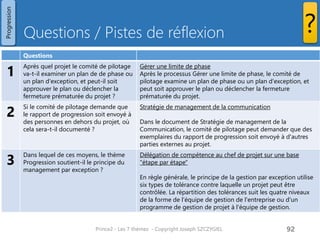 Questions / Pistes de réflexion 
Prince2 - Les 7 thèmes - Copyright Joseph SZCZYGIEL 
94 
? 
Progression 
Questions 
1 
Après quel projet le comité de pilotage va-t-il examiner un plan de de phase ou un plan d'exception, et peut-il soit approuver le plan ou déclencher la fermeture prématurée du projet ? 
Gérer une limite de phase 
Après le processus Gérer une limite de phase, le comité de pilotage examine un plan de phase ou un plan d'exception, et peut soit approuver le plan ou déclencher la fermeture prématurée du projet. 
2 
Si le comité de pilotage demande que le rapport de progression soit envoyé à des personnes en dehors du projet, où cela sera-t-il documenté ? 
Stratégie de management de la communication 
Dans le document de Stratégie de management de la Communication, le comité de pilotage peut demander que des exemplaires du rapport de progression soit envoyé à d'autres parties externes au projet. 
3 
Dans lequel de ces moyens, le thème Progression soutient-il le principe du management par exception ? 
Délégation de compétence au chef de projet sur une base "étape par étape" 
En règle générale, le principe de la gestion par exception utilise six types de tolérance contre laquelle un projet peut être contrôlée. La répartition des tolérances suit les quatre niveaux de la forme de l'équipe de gestion de l'entreprise ou d'un programme de gestion de projet à l'équipe de gestion. 
Pour une formation ou toute autre information, merci de m’envoyer un email : 
joseph.szczygiel@gmail.com  