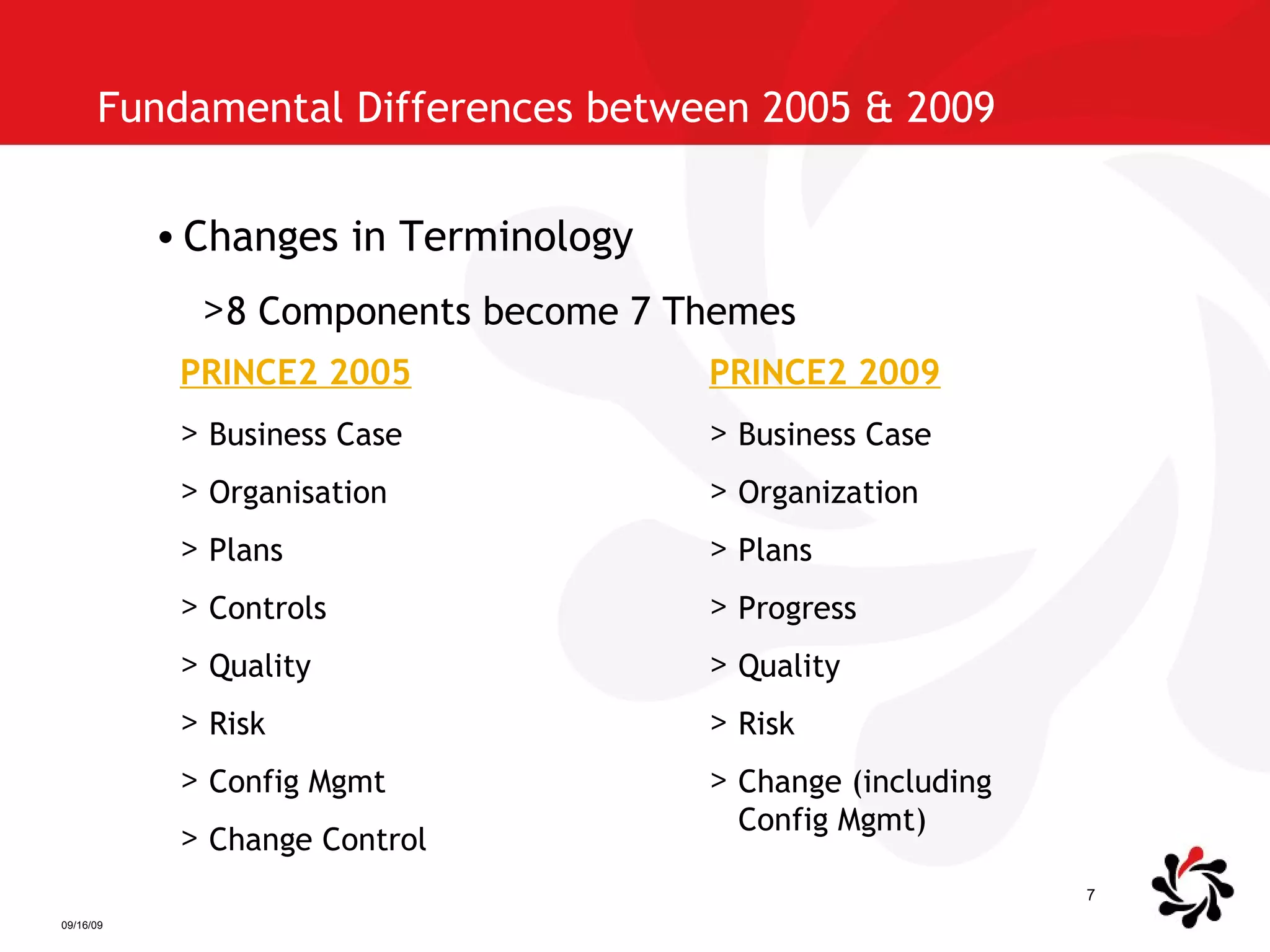 Fundamental Differences between 2005 & 2009  Changes in Terminology 8 Components become 7 Themes PRINCE2 2005 Business Case Organisation Plans Controls Quality Risk Config Mgmt Change Control PRINCE2 2009 Business Case Organization Plans Progress Quality Risk Change (including Config Mgmt) 