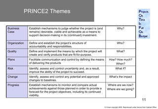 PRINCE2 Themes

Business       Establish mechanisms to judge whether the project is (and                      Why?
Case   ...