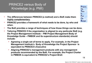 PRINCE2 versus Body of
      Knowledge (e.g. PMI)

•   The differences between PRINCE2 (a method) and a BoK make them
    ...