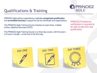 Qualifications & Training
PRINCE2 Agile will be supported by a globally recognized qualification
and accredited training to support its use by individuals and organizations.
The PRINCE2 Agile Training Course includes an open book, multiple
choice, objective test exam (OTE).
The PRINCE2 Agile Training Course is a three day course, with the exam –
2.5 hours in length – at the end of the third day.
PRINCE2 Practitioner
certification is required to
be able to take this new
qualification.
 