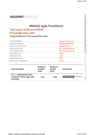 

PRINCE2 Agile Practitioner
Total score: 37.00 out of 50.00.
Percentage score: 74%.
Congratulations!! You passed the exam.
Candidate Name Stephen John Payne
Candidate Number 9980056034250268
Assessment Test Code 1801442720_en
Examination Date Dec 18 2018 18:52:14
Score Report Date Dec 18 2018 20:55:15
Candidate Score 37.00
Maximum score 50.00
Percentage Score 74%
Assessment Result Label Passed
Topic Description
Number of
awarded
marks
Number of
possible
marks
Success Rate
P2A_1 - Understand the basic
concepts of common agile ways
of working
3.00 3.00   100.00%
Page 1 of 1
18/12/2018https://webates-us.peoplecert.org/Survey2.aspx
 