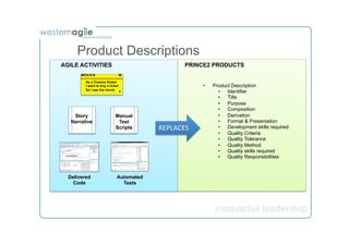 Product Descriptions
AGILE ACTIVITIES                                 PRINCE2 PRODUCTS
       MOV-010               M

         As a Cinema Visitor
         I want to buy a ticket                        •    Product Description
         So I see the movie 3
                                                              •  Identifier
                                                              •  Title
                                                              •  Purpose
                                                              •  Composition
    Story                  Manual                             •  Derivation
   Narrative                Test                              •  Format & Presentation
                           Scripts      REPLACES	
            •  Development skills required
                                                              •  Quality Criteria
                                                              •  Quality Tolerance
                                                              •  Quality Method
                                                              •  Quality skills required
                                                              •  Quality Responsibilities



  Delivered                 Automated
    Code                      Tests
 