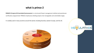 what is prince 2
PRINCE2 (Projects IN Controlled Environments) is a structured Project management method and practitioner
certification programmed. PRINCE2 emphasizes dividing projects into manageable and controllable stages.
It is widely used in many countries around the world, including Australia, western Europe, and the UK.
 