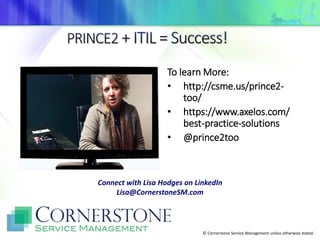 © Cornerstone Service Management unless otherwise stated.
To learn More:
• http://csme.us/prince2-
too/
• https://www.axelos.com/
best-practice-solutions
• @prince2too
Connect with Lisa Hodges on LinkedIn
Lisa@CornerstoneSM.com
 