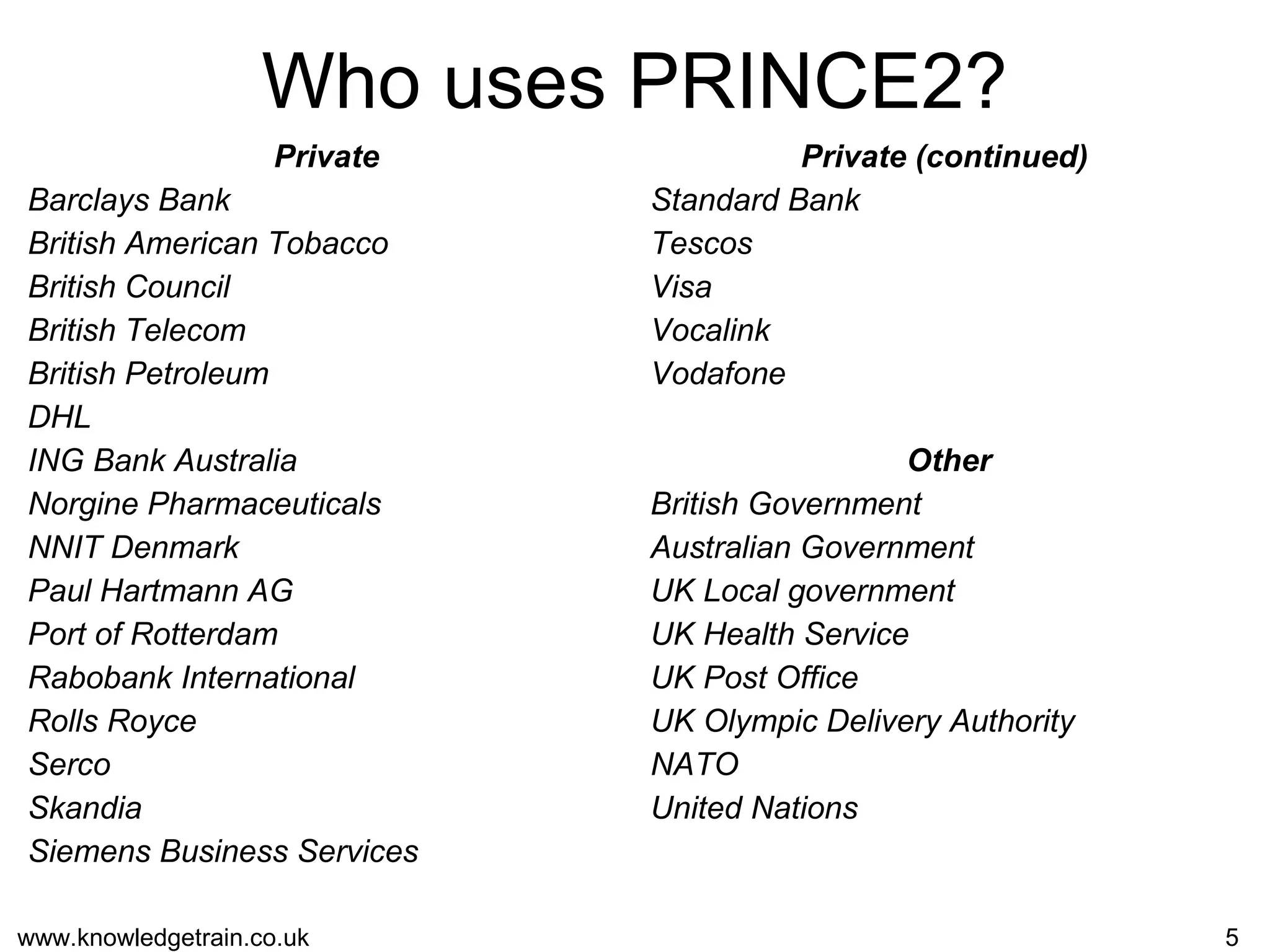 www.knowledgetrain.co.uk 5
Who uses PRINCE2?
Private
Barclays Bank
British American Tobacco
British Council
British Telecom
British Petroleum
DHL
ING Bank Australia
Norgine Pharmaceuticals
NNIT Denmark
Paul Hartmann AG
Port of Rotterdam
Rabobank International
Rolls Royce
Serco
Skandia
Siemens Business Services
Private (continued)
Standard Bank
Tescos
Visa
Vocalink
Vodafone
Other
British Government
Australian Government
UK Local government
UK Health Service
UK Post Office
UK Olympic Delivery Authority
NATO
United Nations
 