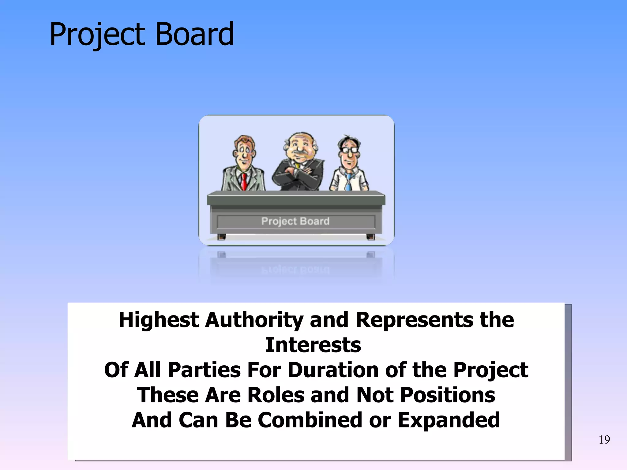 Highest Authority and Represents the Interests  Of All Parties For Duration of the Project These Are Roles and Not Positions And Can Be Combined or Expanded Project Board 