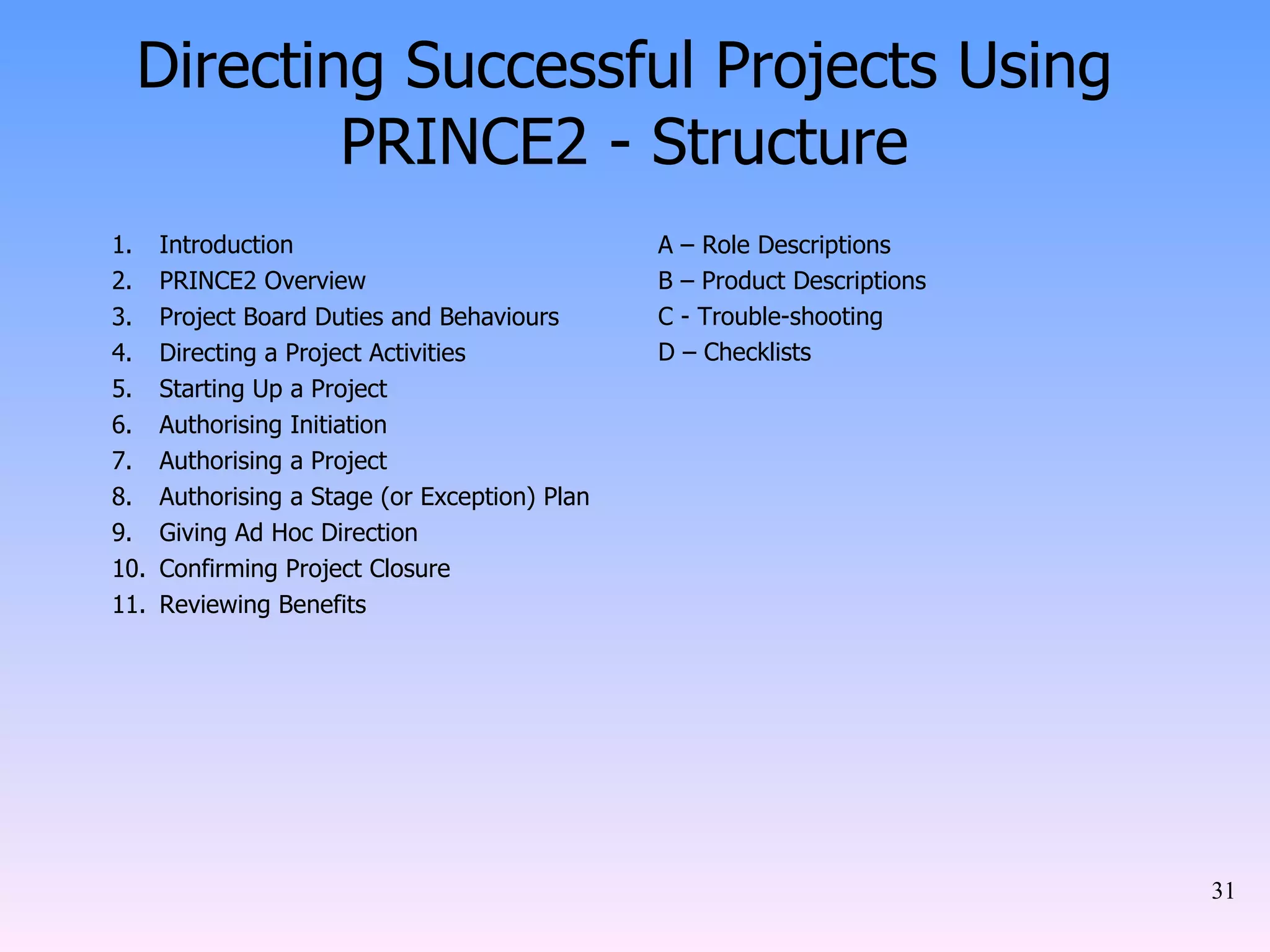 Directing Successful Projects Using PRINCE2 - Structure Introduction PRINCE2 Overview Project Board Duties and Behaviours Directing a Project Activities Starting Up a Project Authorising Initiation Authorising a Project Authorising a Stage (or Exception) Plan Giving Ad Hoc Direction Confirming Project Closure Reviewing Benefits A – Role Descriptions  B – Product Descriptions  C - Trouble-shooting  D – Checklists   