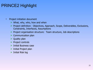 PRINCE2 Highlight Project initiation document What, why, who, how and when Project definition:  Objectives, Approach, Scope, Deliverables, Exclusions, Constraints, Interfaces, Assumptions Project organisation structure:  Team structure, Job descriptions Communication plan Quality plan Project controls Initial Business case Initial Project plan Initial Risk log 